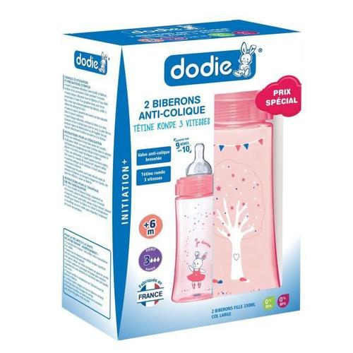 Dodie Coffretx2 Biberons Initiation+ 330ml Rose Danseuse +6 Mois Tétine Ronde 3 Vitesses Débit 3