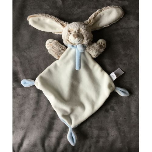 Doudou Lapin Tex Baby Blanc Beige Chine Echarpe Bleue Peluche Naissance Bebe