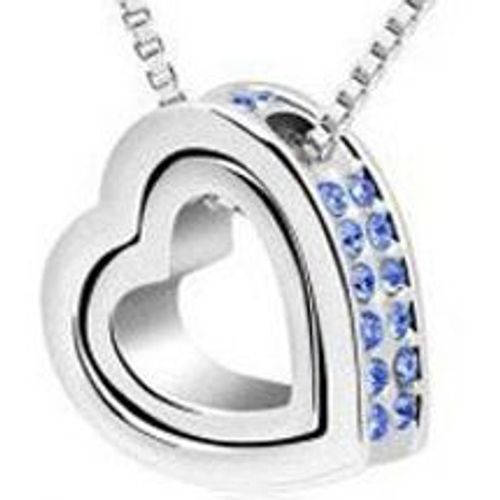 Collier Double Coeur Plaqué Or Blanc 18 Carats De Cristal Bleu