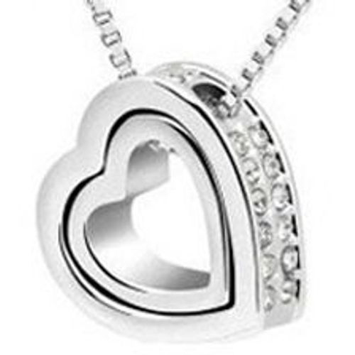 Collier Double Coeur Plaqué Or Blanc 18 Carats De Cristal Blanc Femme