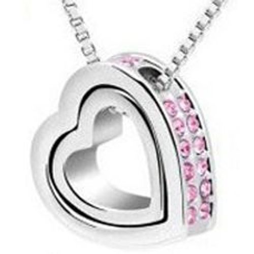 Collier Double Coeur Plaqué Or Blanc 18 Carats De Cristal Rose Femme