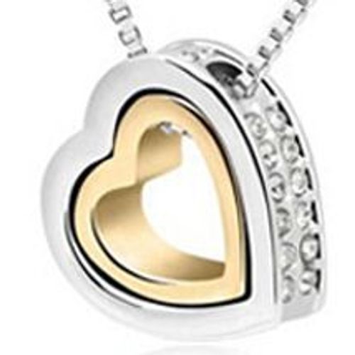 Collier Double Coeur Plaqué Or Blanc 18 Carats De Cristal Blanc Femme