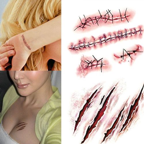 Cicatrice Deguisement Tatoo Planche Tatouages Plaies Vampires Faux Sang Couture Points Faux Maquillage Adulte Pirate