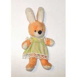 Lapin Rose Saumon Orange En Robe  Tissus Rayé Vert Jaune Rose Peluche Doudou Nounours Vintage