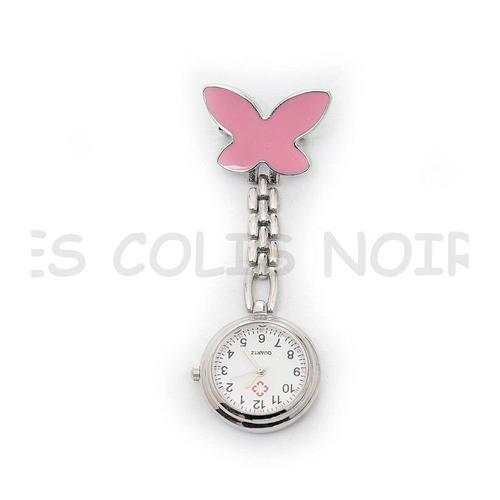 Montre Pendentif Infirmiere Papillon Rose Pince Neuf Avec Pile