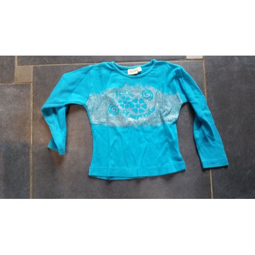 T-Shirt In Extenso Coton 3 Ans Turquoise Et Argenté Manches Longues