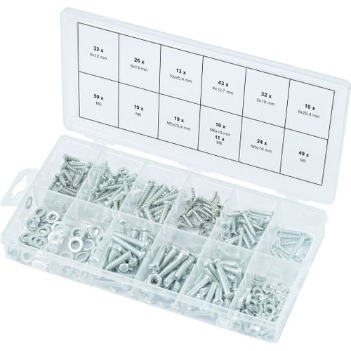 Assortiment de vis pour métal et bois, de rondelles et d'écrous, 347 pcs (prix indicatif - ref vendue uniquement en présentoir)