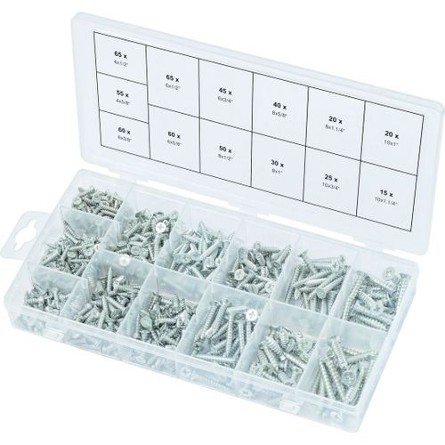 Assortiment de vis auto-taraudeuses bois, 550 pcs (prix indicatif - ref vendue uniquement en présentoir)