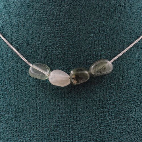 Collier 4 Perles Quartz Rutile Vert Du Brésil Chaine En Acier Collier Femmes, Hommes. Taille Personnalisable.