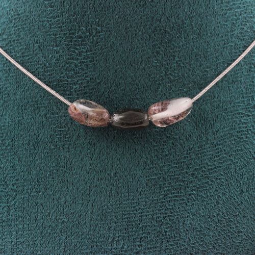 Collier 3 Perles Quartz Fantôme Vert Du Brésil Chaine En Acier Collier Femmes, Hommes. Taille Personnalisable.