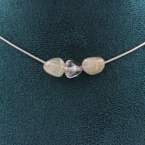 Collier 3 Perles Quartz À Rutile Doré Du Brésil Chaine En Acier Collier Femmes, Hommes. Taille Personnalisable.