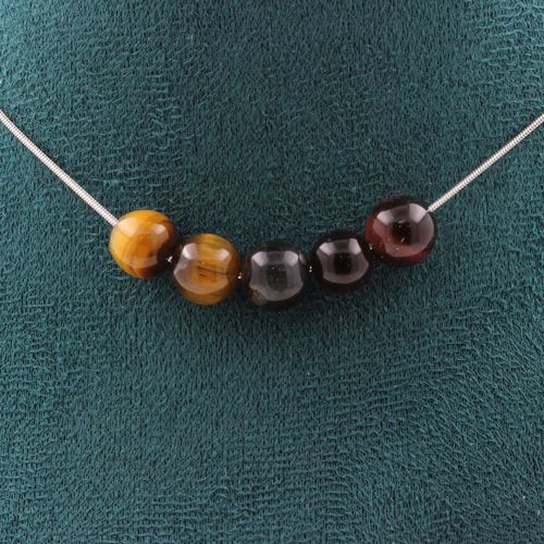 Collier 5 Perles Oeil De Tigre Mix Couleurs 8 Mm. Chaine En Acier Collier Femmes, Hommes. Taille Personnalisable.