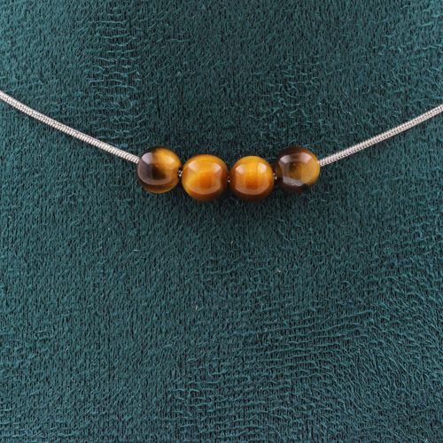 Collier 4 Perles Oeil De Tigre 6 Mm. Chaine En Acier Inoxydable Collier Femmes, Hommes. Taille Personnalisable.