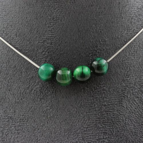 Collier 4 Perles Oeil De Tigre Vert 8 Mm. Chaine En Acier Inoxydable Collier Femmes, Hommes. Taille Personnalisable.