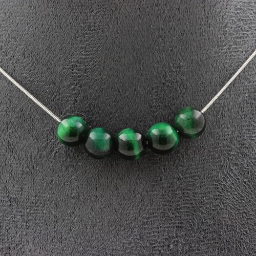 Collier 5 Perles Oeil De Tigre Vert 8 Mm. Chaine En Acier Inoxydable Collier Femmes, Hommes. Taille Personnalisable.