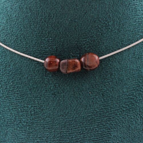 Collier 3 Perles Oeil De Tigre Rouge Du Brésil. Chaine En Acier Collier Femmes, Hommes. Taille Personnalisable.