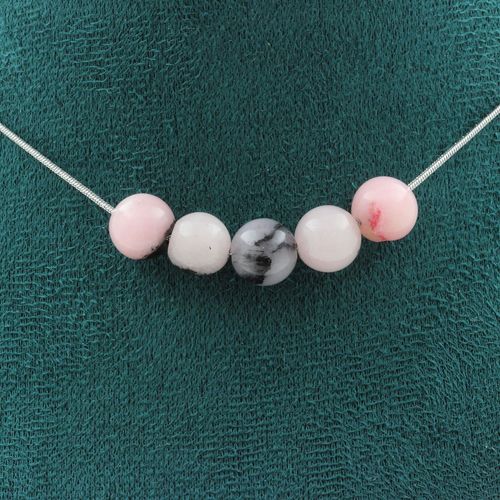 Collier 5 Perles Opale Rose 8 Mm. Chaine En Acier Inoxydable Collier Femmes, Hommes. Taille Personnalisable.