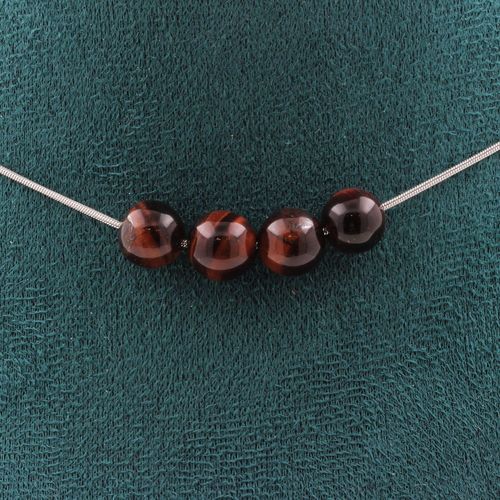 Collier 4 Perles Oeil De Tigre Rouge 8 Mm. Chaine En Acier Inoxydable Collier Femmes, Hommes. Taille Personnalisable.