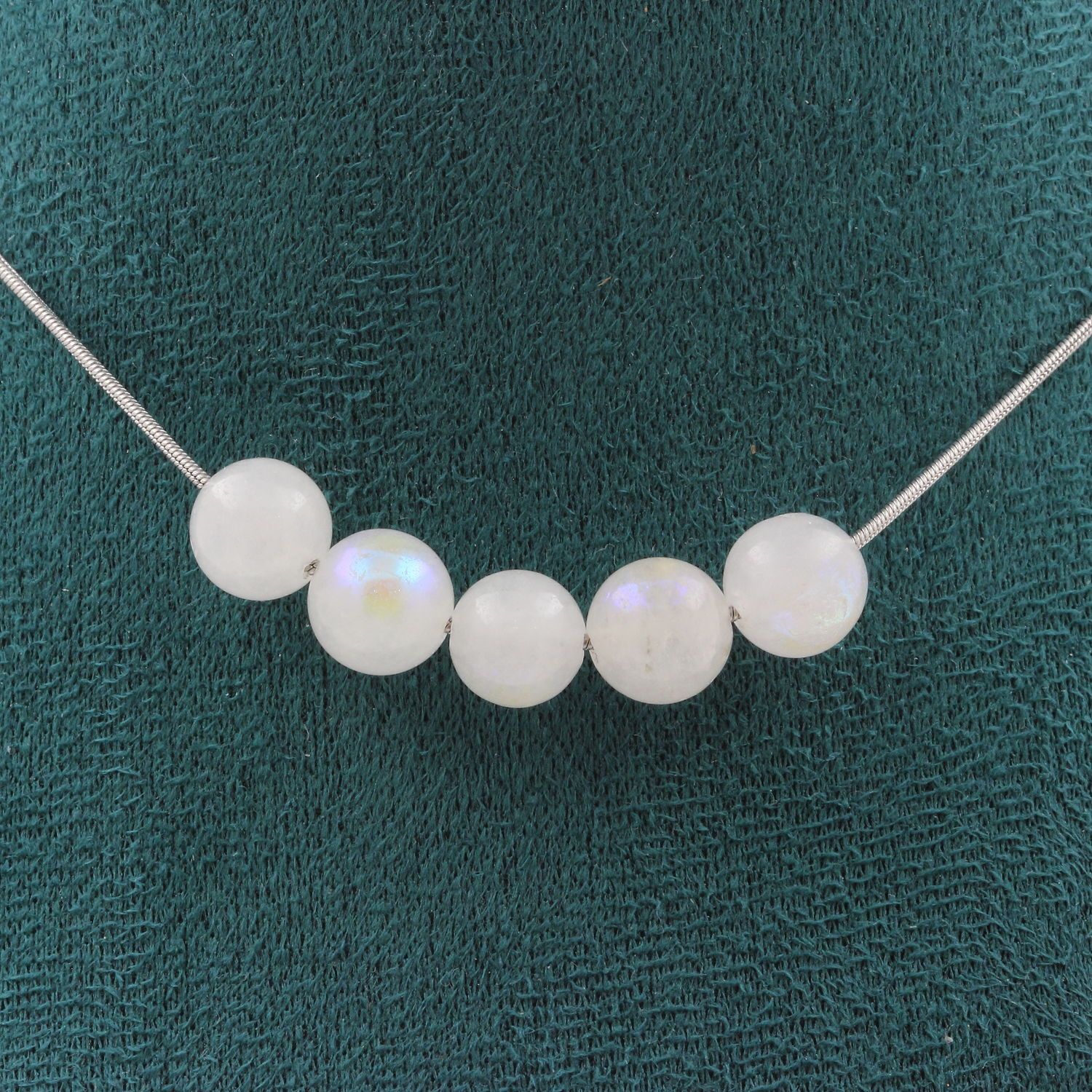 Collier 5 Perles Pierre De Lune 8 Mm. Chaine En Acier Inoxydable Collier Femmes, Hommes. Taille Personnalisable.