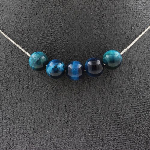 Collier 5 Perles Oeil De Tigre Bleu Clair 8 Mm. Chaine En Acier Collier Femmes, Hommes. Taille Personnalisable.