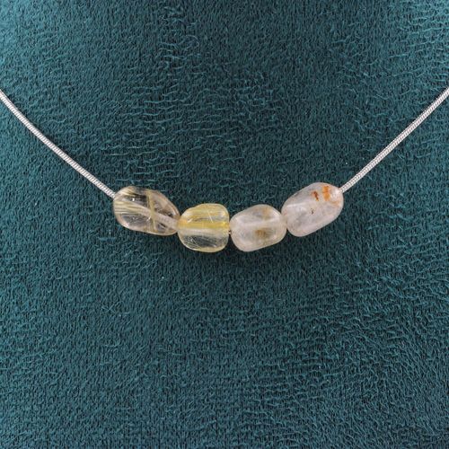 Collier 4 Perles Quartz À Rutile Doré Du Brésil Chaine En Acier Collier Femmes, Hommes. Taille Personnalisable.