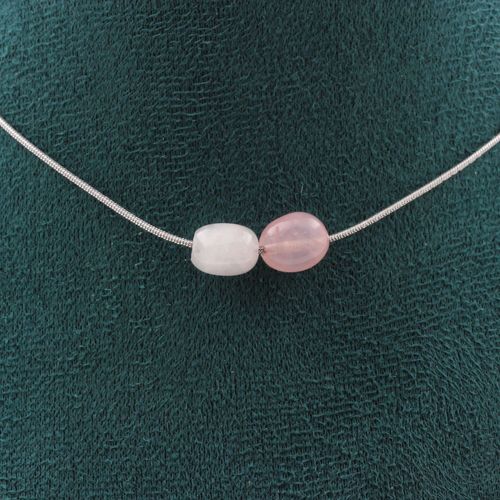 Collier 2 Perles Quartz Rose Du Brésil Chaine En Acier Inoxydable Collier Femmes, Hommes. Taille Personnalisable.