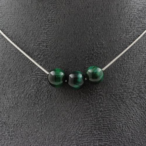 Collier 3 Perles Oeil De Tigre Vert 8 Mm. Chaine En Acier Inoxydable Collier Femmes, Hommes. Taille Personnalisable.
