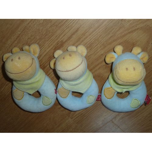 Doudou Peluche Lot De Trois 3 Hochet Vache Cow Kuh Tex Carrefour Bleu Jaune 