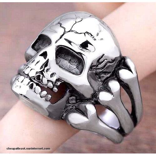 Bague Chevalière - Tête De Mort, Crane & Os - Métal Couleur Argent - Style Skull & Bones Devil Motard Biker West Coast Customs Choppers Sons Of Anarchy Hard Rock Poing Américain