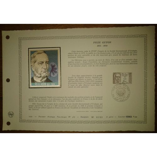 Document Artistique Philatélique Cérès 1979 Feuillet N°389 Timbre Yt N°2052 Congrès International Des Urologues Felix Guyon Oblitéré Premier Jour