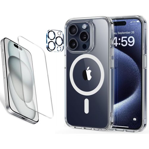 Coque Silicone Transparente Compatible Magsafe + Verre Trempes Et Protection Camera Arriere Pour Iphone 15 Pro Little Boutik®