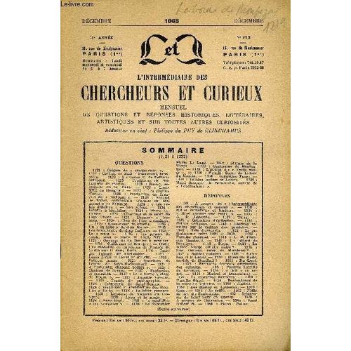 L'intermediaire Des Chercheurs Et Curieux N° 213 - Questions 1121 : Origine De « Croque-Mort ». ¿ 1122 : Cachin. ¿ 1122 : Passavant, Topo-Nyme. ¿ 1123 : Un Baron F. De Béthune Défroqué. ¿ ...