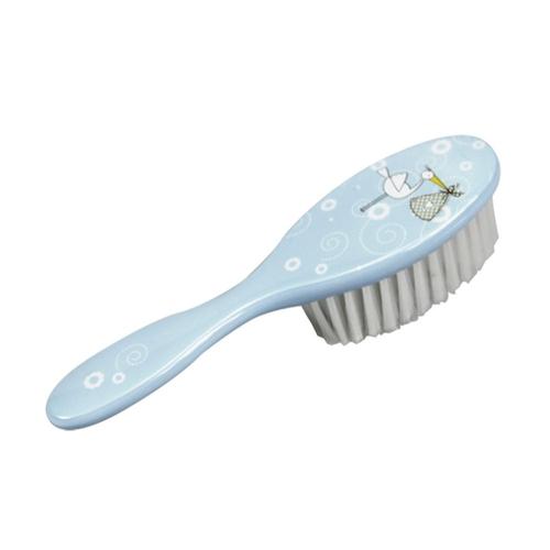 Aurore Beauté : Brosse Bébé Poils Nylon Bleu Dessin Cigogne - 15 X 4 Cm 