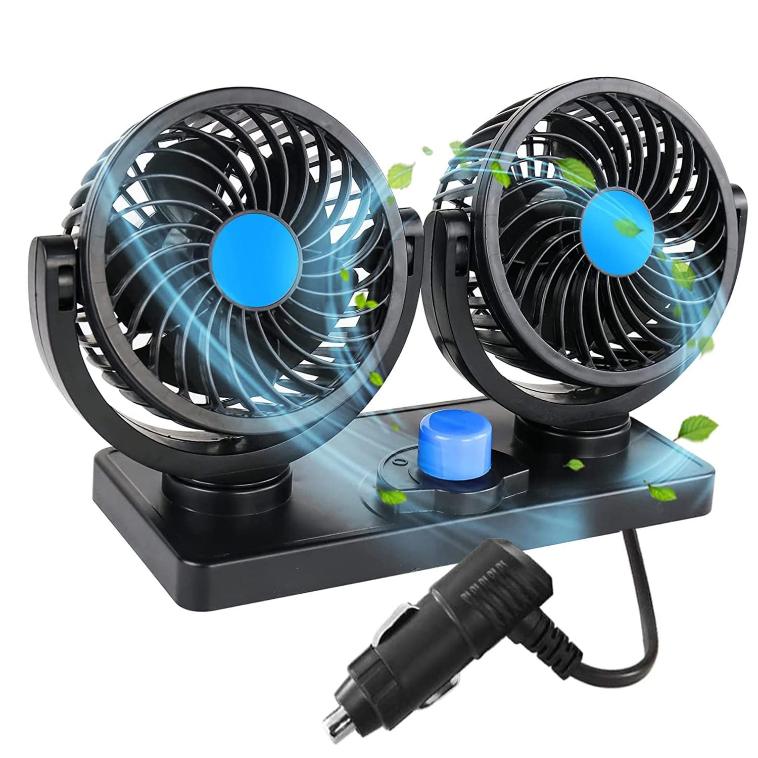 Ventilateur d'air de refroidissement de voiture, circulation d'air de refroidissement électrique à double tête 12V, ventilateur automatique rotatif à 360 degrés pour berline SUV/RV/bateau/camion