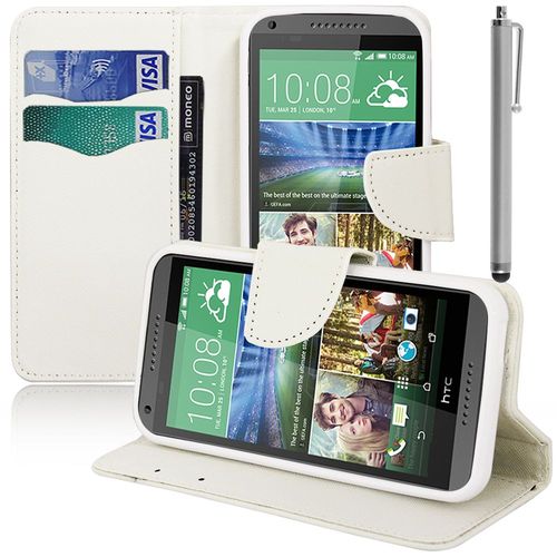 Etui Portefeuille Pour Htc Desire 816/ 816g Dual Sim Support Video Cuir Pu Effet Tissu - Blanc + Stylet