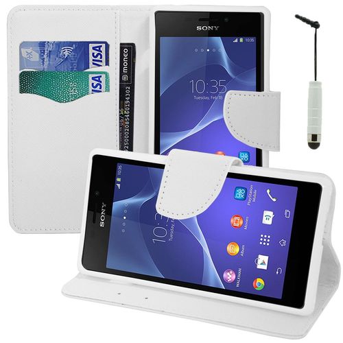 Etui Portefeuille Pour Sony Xperia M2 4.8" Support Video Cuir Pu Effet Tissu - Blanc + Mini Stylet