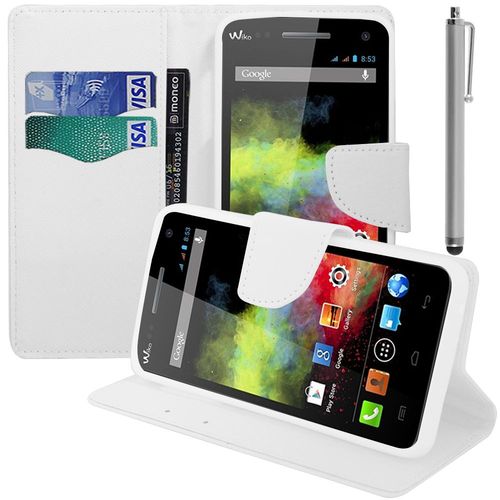 Etui Portefeuille Pour Wiko Rainbow Support Video Cuir Pu Effet Tissu - Blanc + Stylet