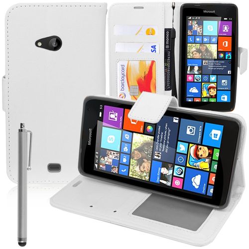 Etui Portefeuille Pour Microsoft Nokia Lumia 535 5.0" Support Video Cuir Pu - Blanc + Stylet