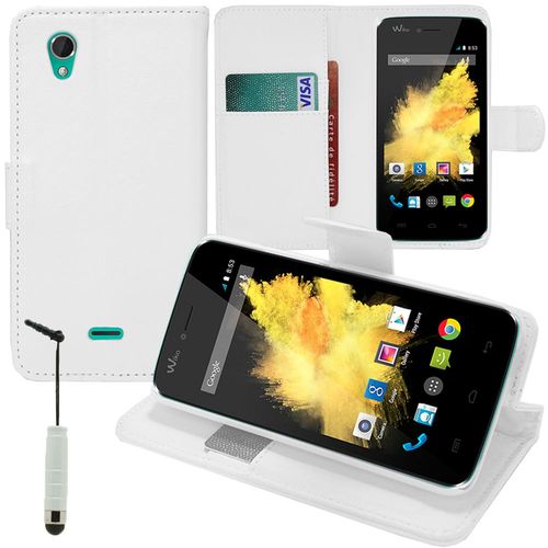 Etui Portefeuille Pour Wiko Birdy Support Video Cuir Pu - Blanc + Mini Stylet