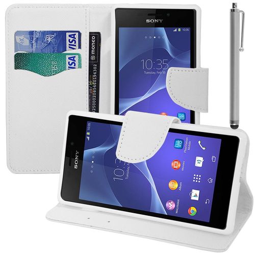 Etui Portefeuille Pour Sony Xperia M2 4.8" Support Video Cuir Pu Effet Tissu - Blanc + Stylet