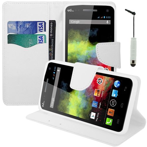 Etui Portefeuille Pour Wiko Rainbow Support Video Cuir Pu Effet Tissu - Blanc + Mini Stylet