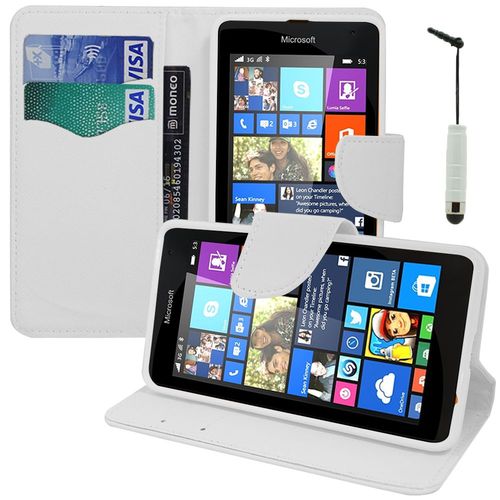 Etui Portefeuille Pour Microsoft Nokia Lumia 535 5.0" Support Video Cuir Pu Effet Tissu - Blanc + Mini Stylet