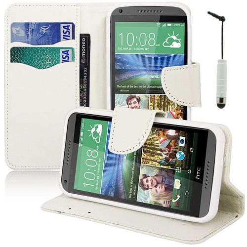 Etui Portefeuille Pour Htc Desire 816/ 816g Dual Sim Support Video Cuir Pu Effet Tissu - Blanc + Mini Stylet