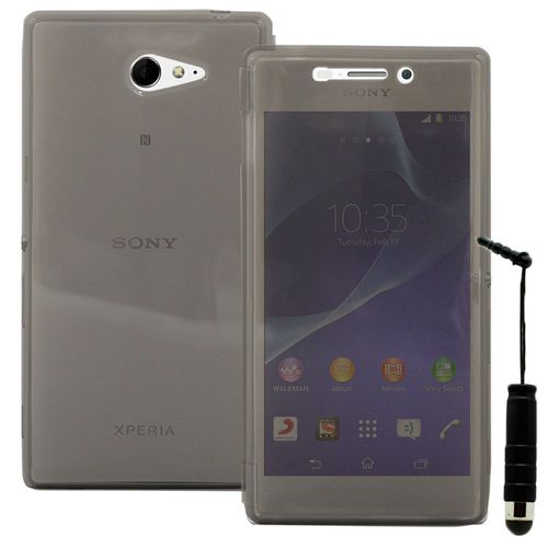 Coque Silicone Pour Sony Xperia M2 4.8" Gel Livre Rabat - Gris + Mini Stylet