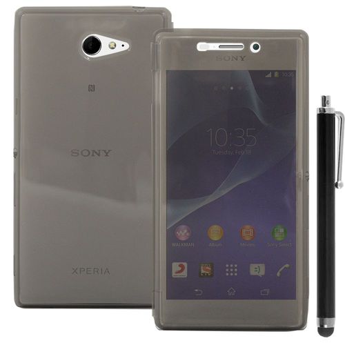 Coque Silicone Pour Sony Xperia M2 4.8" Gel Livre Rabat - Gris + Stylet