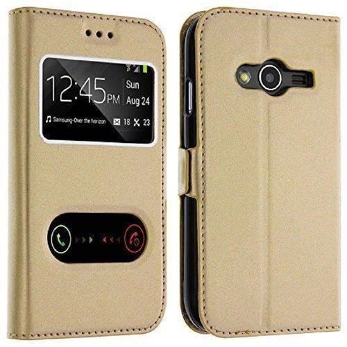Etui Housse Coque Pochette View Case Fenetre Or Gold Doré Pour Samsung Galaxy J3 2016
