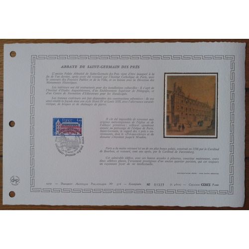 Document Artistique Philatélique Cérès 1979 Feuillet N°376 Timbre Yt N°2045 Abbaye De Saint-Germain Des Prés Oblitéré Premier Jour