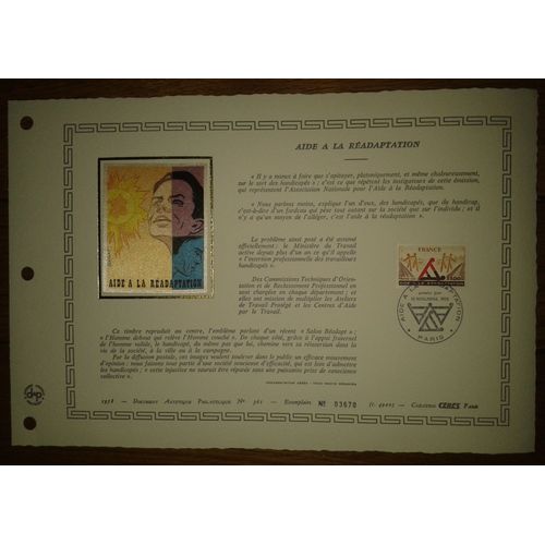 Document Artistique Philatélique Cérès 1978 Feuillet N°361 Timbre Yt N°2023 Aide À La Réadaptation Oblitéré Premier Jour 18/11/1978