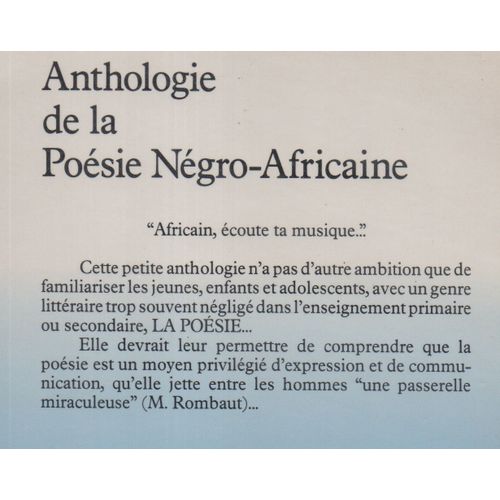Anthologie De La Poésie Négro-Africaine Pour La Jeunesse