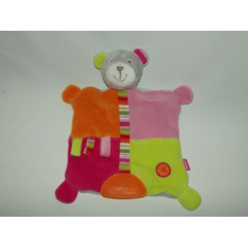 Doudou Plat Ours Ourson Oursonne Babysun Baby Sun Gris Orange Rose Vert Rayé Multicolore Anneau Dentition Grelot Naissance Peluche Éveil Enfant Comfort Blanket Comforter Soft Toys 